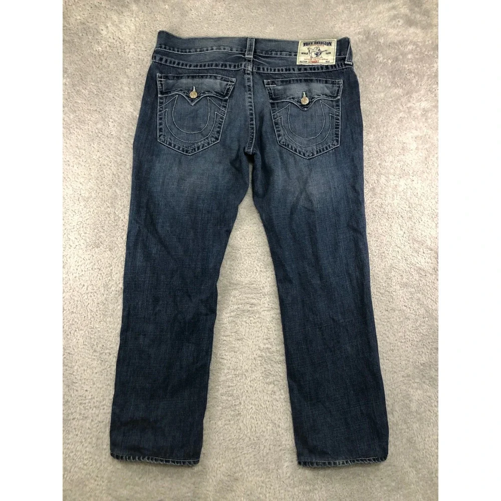 True Religion Jeans Men 40x30 (Tag 38) Blue Straight Flap Distressed Denim